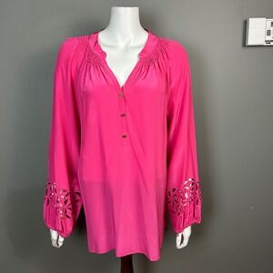 Lilly Pulitzer top blouse XL Pink Silk Smocked V Neck Tunic Floral Cutout NWT
